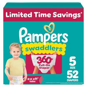 lot 9861 image: Pampers Diapers - Swaddlers 360° - Size 5, 52 Count, up to 100% Leakproof Comfy Dry Fit, Designed for Easy Changes, Pull On Baby Diaper (Packaging May Vary)
