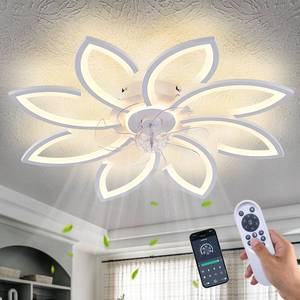 lot 9868 image: Modern Flower Ceiling Fan with Light and Remote, Low Profile Ceiling Fans with Lights, 36 Inch Black Flush Mount Ceiling Fan with 3 Light Color 6 Speeds, Fandelier Ceiling Fan for Living Room (White)