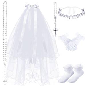 lot 10426 image: Funtery 6 Pcs First Communion Veils Girls Catholic Set 1st Communion Wreath Veil Headpiece Sock Necklace Bracelet Kid Wedding(Bright Style)