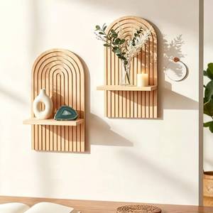 lot 10429 image: LIYAOLI Boho Wall Shelf Set of 2-15 x 8.6 Inch Arched Wooden Hanging Shelves for Living Room & Bedroom - Mid-Century Modern Bohemian Wall Decor (Natural Wood Finish)