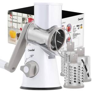 lot 11870 image: Geedel Rotary Cheese Grater, Kitchen Mandoline Vegetable Slicer with 3 Interchangeable Blades, Easy to Clean Rotary Grater Slicer for Fruit, Vegetables, Nuts