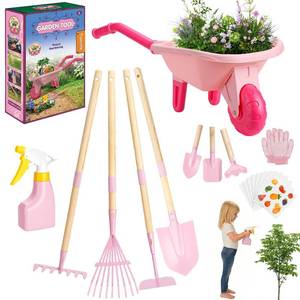 lot 11902 image: Dutywand Kids Gardening Tools Set with Wheelbarrow, Wooden & Metal Outdoor Gardening Toys for Summer Outdoor Yard Digging & Weeding, Easter Birthday Gifts for Boys Girls Age 3 Years (Pink)