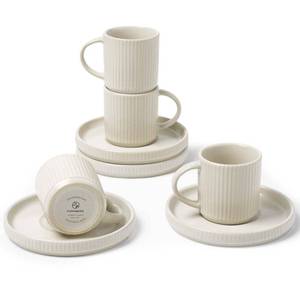 lot 11923 image: famiware Star Espresso Cups and Saucers Set of 4,  Mini  3 oz Ceramic Small Coffee Mug with Handle, Ribbed Stoneware Demitasse Cup for Tea, Latte - Microwave & Dishwasher Safe - Matte White (Used)