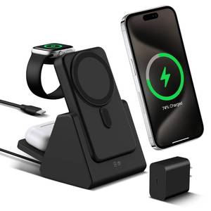 lot 12384 image: Smtcsl 3-in-1 Wireless Charging Station Portable 10000mAh Power Bank Charger Compatible for Phone Air171615141312 Series and Watch - Detachable Magnetic Charging Stand Black