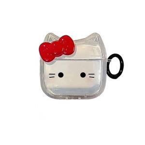 lot 12395 image: Transparent Clear Earphone Case for AirPods Pro 3 (2025), Cute Lovely Cat Face Soft TPU Silicone Case, Kitty AirPods Pro 3 Cover Protective Skin Protector for iPod Earbuds -Red Bowknot Cat