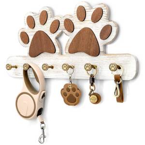 lot 12433 image: MTERSN Farmhouse Key Holder for Wall - Decorative Dog Leash Hanger and Coat Rack Wall Mount with 6 Unique 3D Claw Hooks - Dog Toys Organizer for Rustic Home Decor (White)