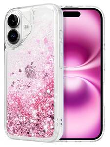 lot 12438 image: WORLDMOM for iPhone 16 Case, Clear Design Bling Flowing Liquid Floating Sparkle Colorful Glitter Waterfall TPU Protective Phone Case, Rose Gold