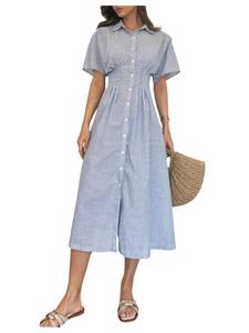 lot 12453 image: MakeMeChic Womens Summer Striped Button Down Shirt Dress Short Sleeve Midi Dresses Blue and White Large