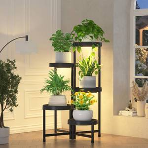 lot 13247 image: iDavosic.ly 5 Tier Folding Plant Stand Indoor Outdoor with Grow Light, Tiered Corner Flower Holder Shelf with Plastic Tray, Metal Orchid Display Rack for Patio Porch Living Room Garden Balcony, Black