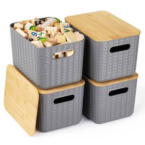 lot 13258 image: Ohmlove 4 Packs Storage Bins with Bamboo Lids - Plastic Storage Containers with Lids Stackable Storage Box��Storage Baskets for Organizing Desktop Closet Playroom Classroom Office,Gray