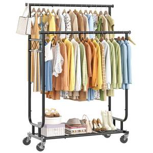 lot 13272 image: Ekisemio Heavy Duty Clothes Rack, Rolling Clothing Rack With Shelves Load 450 LBS, Double Rod Clothing Racks with Wheels for Hanging Clothes, Black