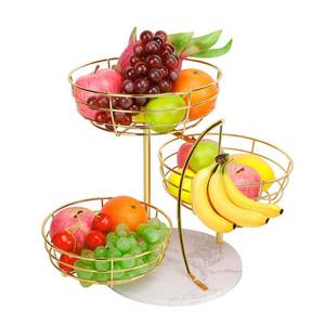 lot 13279 image: Livabber Fruit Basket Bowl with Banana Hanger, Metal Fruit Vegetable Storage Basket with Banana Holder for Kitchen Counter, Detachable Organizer for Bread Snack Produce (Gold, 3-Tier Marble Base)