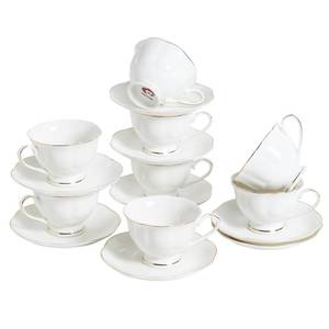 lot 13296 image: PRECITIME White Ceramic Tea Cup and Saucer Set of 8 (16-Piece) - 6oz Elegant Porcelain Cups with Gold Rim, 8 Cups & 8 Saucers for Tea Party