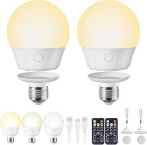 lot 14173 image: Brightown E26 Rechargeable Light Bulb with Remote Timer and 3 Color Temperatures, Battery Backup Bulb for Sconces and Lamps, E26 Detachable Charging for Non-Hardwired Fixture, Dimmer, 700LM