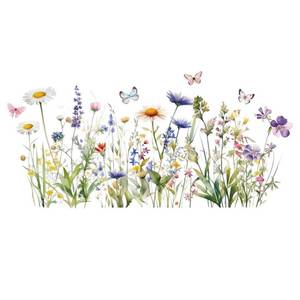 lot 14198 image: Wildflower Grass Daisy Wall Decals, Garden Floral Butterflies Flower Wall Stickers, BWCXXZH Self-Adhesive Wall Art Stickers for Girls Bedroom Living Room Nursery Decor