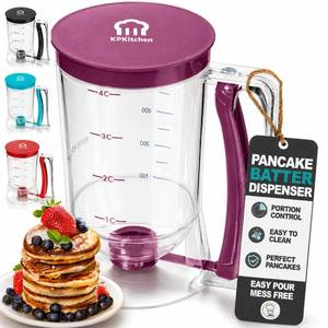 lot 14199 image: KPKitchen Pancake Batter Dispenser - Kitchen Must Have Tool for Perfect Pancakes, Cupcake, Waffle, Muffin Mix, Cake & Crepe - Baking Supplies for Griddle - Pancake Maker with Measuring Label (Purple)