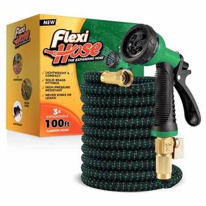 lot 14204 image: Flexi Hose with 8 Function Nozzle, 100FT - Lightweight Expandable Garden Hose, No-Kink Flexibility, 34 Inch Solid Brass Fittings and Double Latex Core - Black and Green