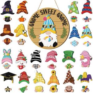 lot 14219 image: Wenqik 41 Pcs Interchangeable Gnome Signs Holiday Wooden Seasonal Gnome Decor 4th of July Independence Day Decor Detachable Magnet Hat and Hand Welcome Sign for Home Decoration(Bright,Wood Color)