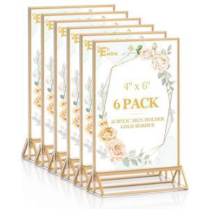 lot 14225 image: EHWINE 6 Pack Acrylic Sign Holder 4 x 6, Double Sided Gold Picture Frame Stand up Table Top Sign Holders, Clear Display Stand Menu Flyer Holder for Wedding Party