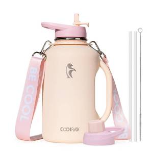 lot 14239 image: 64oz Insulated Water Bottle, Coolflask Half Gallon Water Jug With Handle Straw Stainless Steel Double-Walled Vacuum Metal Large Flask With Strap Non-BPA Leakproof, Keep Cold 48 Hrs, Apricot Pink