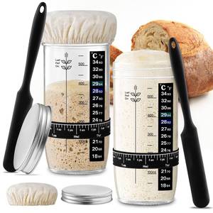 lot 14242 image: Glass Sourdough Starter Jar 2 Pack, 24 oz Wide Mouth Organic Sourdough Starter Kit with Date Marked Band, Thermometer, Cloth Cover & Metal Lid, Reusable Bread Baking Supplies, Bread Making Accessories
