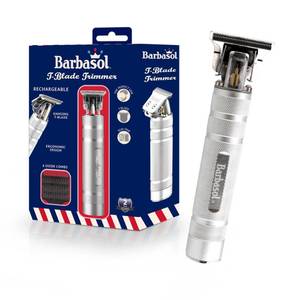 lot 14244 image: Barbasol Stainless-Steel Rechargeable Zero-Gapped T-Blade Trimmer, Hanging Blade, 3 Guide Combs