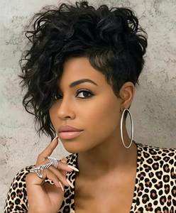 lot 14248 image: SEVENCOLORS Short Curly Pixie Wigs for Black Women Natural Looking Black Wavy Wigs with Side Bangs Synthetic Short Hair Asymmetrical Wig