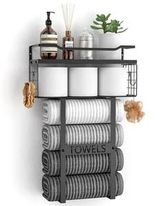 lot 14259 image: Wall Mounted Towel Rack for Bathroom - Bath Storage Holder Set Above Toilet, Rolled Towel Shelf Organizer, Wood Vertical Rack for Small Bathroom Decor, Black