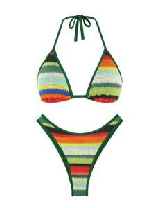 lot 14292 image: seamoly Womens Bikini Sets Halter Triangle High Cut Thong Two Piece Bathing Suit Crochet Colorblock Cheeky Swimsuits Green S