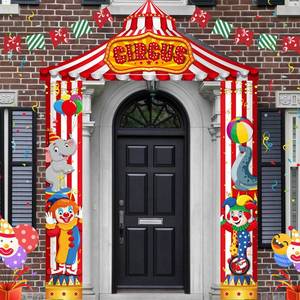 lot 14296 image: WovWeave 3 Pcs Carnival Circus Party Decorations Circus Clown Animals Tent Decorations Porch Banner Welcome Awning Hanging Photo Booth Backdrop for Carnival Birthday Baby Shower Party Supplies