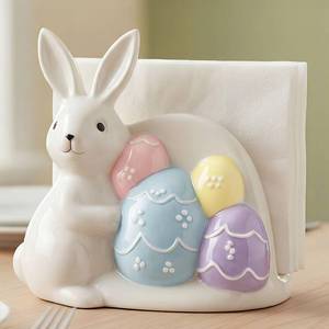 lot 14302 image: Newtay Cute Bunny Ceramic Napkin Holder for Table Easter Rabbit Eggs 3D Napkin Storage Dispenser for Kitchen Dining Room Table Countertop Dinner Restaurant Bar Decoration