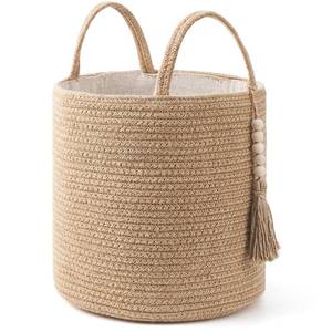 lot 14322 image: Mkono Woven Storage Basket Decorative Natural Rope Basket Wooden Bead Decoration for Blankets,Toys,Clothes,Shoes,Plant Organizer Bin with Handles Living Room Home Decor (Brown, 28 x 28cm)