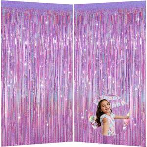 lot 14331 image: Runkuai Shimmering Purplish Pink Foil Fringe Curtains for Party Decor - Tinsel Backdrop for Photoshoot, Party Wall Decor with Glitter Streamers for Weddings, Baby Showers, Birthdays & Stage Events