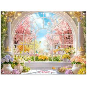 lot 14344 image: ZTHMOE Fabric 10x8ft Spring Window Scenery Photography Backdrop Pink Cherry Blossom Blooming Flowers Natural Garden Background Girls Women Bridal Party Decorations Photo Props