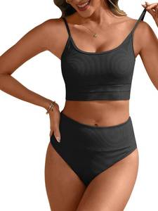 lot 14348 image: ANRABESS Women��s High Waisted Bikini Sets,Color Block 2 Piece Swimsuits,Tummy Control Bathing Suits,Thick Ribbed Beach Wear Black Medium