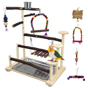 lot 15240 image: PINVNBY Bird Playground 9 PCS Parrot Perch Stand Play Gym Cockatiel Wood Bird Toys Birds Cage Accessories Playpen with Feeder Cups Hanging Swing Toys for Parakeet Conure Lovebird Cockatiel