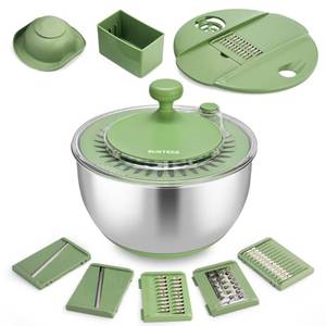 lot 15256 image: SUSTEAS Stainless Steel Salad Spinner Large, Vegetables Wash Bowl, Fruits & Herb Lettuce Dryer with 5 Blade Slicer Egg Yolk Strainer Shredder for Efficient Salad Preparation and Food Washing, 4.25Qt