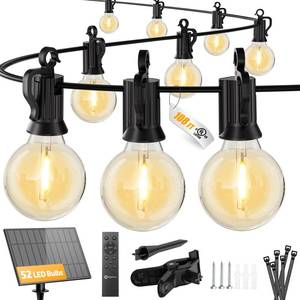lot 15262 image: Brightown 108FT 52LED Solar String Lights Outdoor with Remote & USB Port, Shatterproof Bulbs, Dimmable & Timable, 3 Modes, Patio Lights Solar Powered with Mount Clips for Camping Backyard Garden Decor