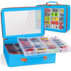 lot 15273 image: RHCOM Toy Organizer.72 Compartments.Toy Storage Box Compatible With Hot wheels Cars, Matchbox Cars,Mini Toys and Small Dolls.Toy Storage Display Case With 3 Layers of Removable Trays(Blue)
