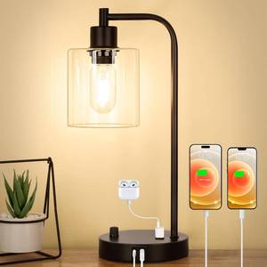 lot 15286 image: Industrial Table Lamp with USB AC Ports and Outlet, Fully Stepless Dimmable Modern Nightstand Lamp, Glass Shade Bedside Desk Lamp for Bedroom Living Room Office, 8W 2700K LED Edison Bulb Included.