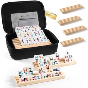 lot 15292 image: Mexican Train Dominoes Set with Numbers and 8 Wooden TraysRacks, Double 15 Dominos Travel Set with 8 Tiles Holders, 136 Tiles Double 15 Colored Dominoes Game Set with Zippered Case for Family Kids