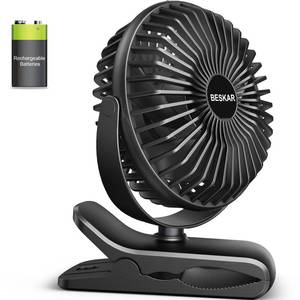 lot 16389 image: BESKAR Portable Clip on Fan Rechargeable, 4 Speeds Small Battery Operated Fan, USB Desk Fan with Strong Airflow, Sturdy Clamp for Golf Cart Office Outdoor Travel Camping