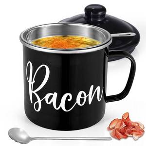 lot 16395 image: Bacon Grease Container with Strainer - Mini 15oz Enamel Grease Container, Farmhouse Bacon Grease Keeper For Kitchen Fat Storage, Dishwasher Safe- Black