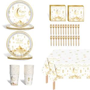lot 16403 image: 122 Pieces Ramadan Mubarak Party Supplies Set, Eid Mubarak Tableware Sets Include 2 Large Tablecloth, Table Decorations Supplies Eid Al-fitr Party Plates and Napkins Forks for 24 Guests (White)