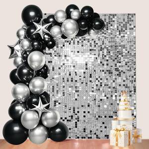 lot 16421 image: 24 Pcs Silver Shimmer Wall Backdrop Panels for Party Decoration, 12 inch x 12 inch Silver Sequin Backdrop for Birthday Graduation Anniversary Engagement