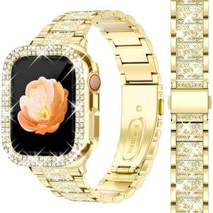 lot 16426 image: Newlibery Bling Watch Bands with Bling Case for Women Compatible with Apple Watch Band 40mm Elegant Dressy Jewelry Replacement Metal Link Wristband Protector Cover for iWatch Series 654SE Gold