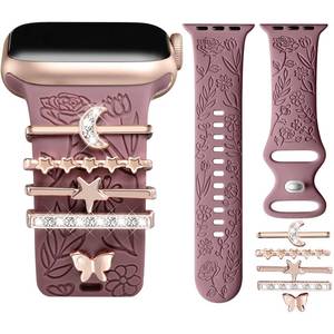 lot 16442 image: DaQin Flower Engraved Band Compatible with Apple Watch Bands 44mm 42mm 45mm 46mm for Women, Soft Silicone Strap With Decorative for Apple Watch Charms for iWatch Series 11 10 9 8 7 6 5 4 3 2 1 SE
