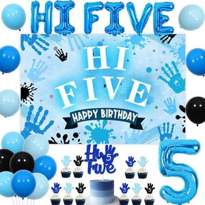 lot 16446 image: Jollyboom Hi Five Birthday Party Decorations Boy, Blue 5th Birthday Decorations Backdrop Cake Cupcake Topper Blue Black Balloon Number 5 High Five Foil Balloon for Boy 5 Year Old Bday Party