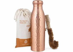 lot 18130 image: TATVARA 100% Pure Copper Water Bottle 32 oz  950 ml - Leak Proof Bottle with Gift Pouch, Handmade Hammered Design, BPA Free Reusable Bottle with Cleaning Brush for Yoga Gym Travel