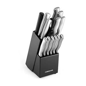 lot 19916 image: Farberware 15-Piece Kitchen Knife Set, High-Carbon Stainless Steel Blades with Wood Block, Steak Knives, Sharpening Tool & All-Purpose Shears, Razor Sharp, Ergonomic Stainless Steel Handles (Cosmetic Damage)